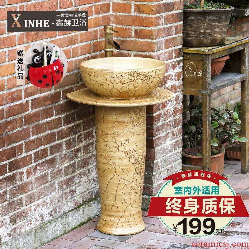 The sink basin art lavatory archaize ceramic pillar hand - carved lotus basin ground sink
