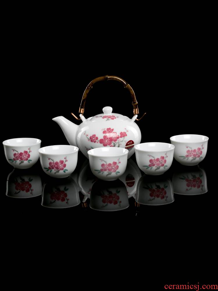 China red porcelain up the name plum and the bamboo with 6 head spring tea set under the liling glaze colorful hand - made ceramic gifts sets the teapot
