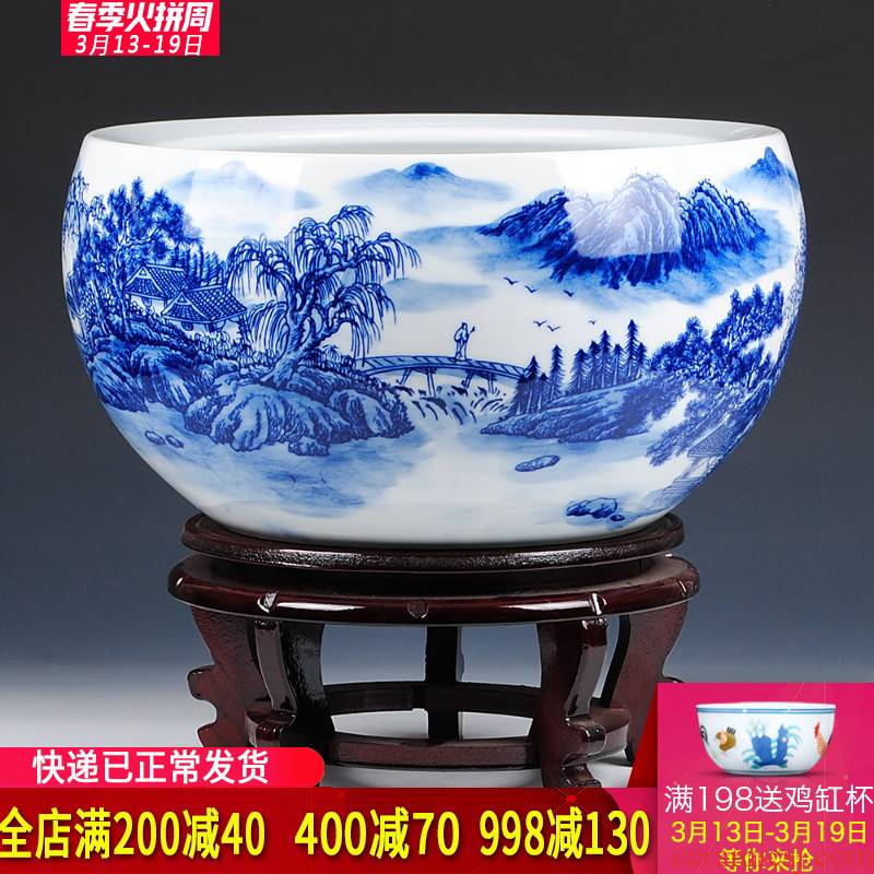 Blue and white porcelain of jingdezhen ceramics manual landscape painting khe sanh friends goldfish bowl lotus basin tortoise tank water lily