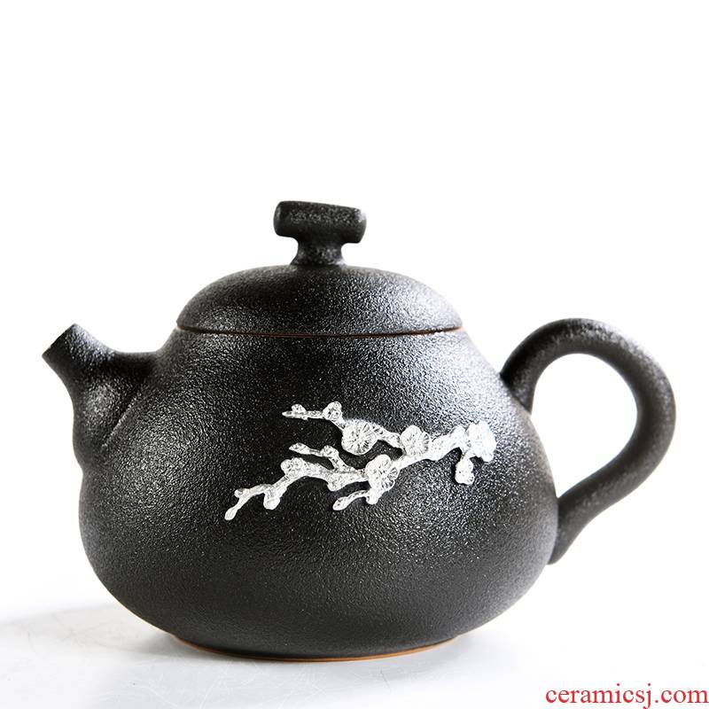 Japanese manual black pottery teapot single pot of ceramics with tin, xi shi pot of kung fu tea tea teapot coarse pottery
