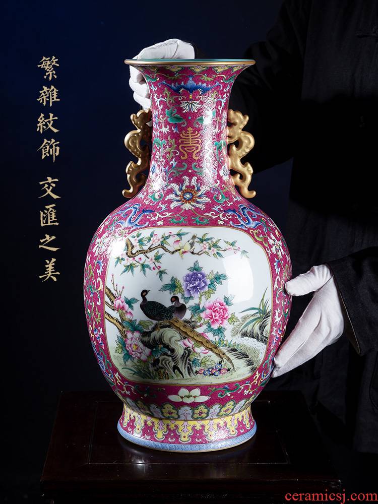Jia lage jingdezhen ceramic vase YangShiQi after double ears porcelain carved the qing qianlong double - sided riches and honour and flowers and birds