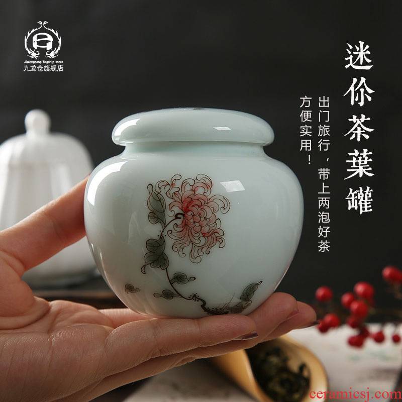 DH jingdezhen celadon caddy fixings hand - made ceramic mini storage POTS general small green tea POTS