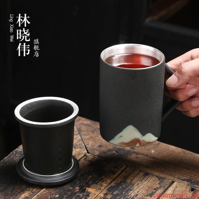 Coarse pottery 999 sterling silver ceramic cups with cover office filtering cup creative household personal cup silver cup
