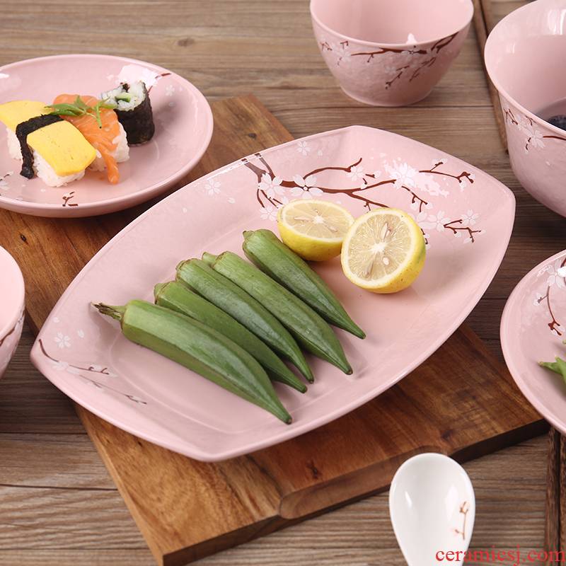 Shun auspicious ceramic household Japanese cherry blossom put a rectangle large fish dish creative Nordic microwave 12 inches steamed fish dish