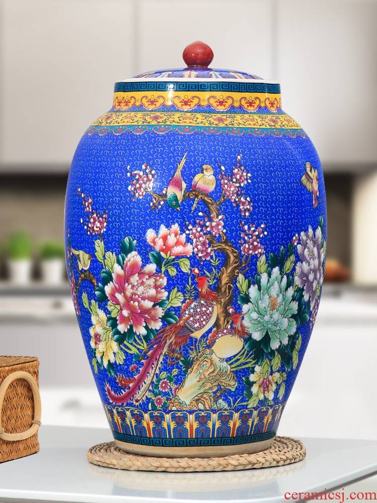 Jingdezhen ceramic with cover barrel ricer box 20 jins 30 jins 50 kg pack household moistureproof cylinder tank rice storage tank