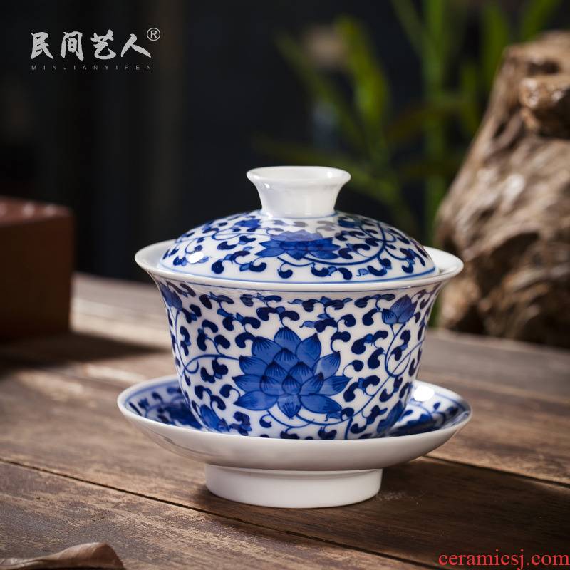Large white porcelain tureen ceramic cups three finger bowl of blue and white kunfu tea tea accessories hand - made ceramic cup