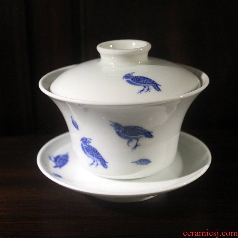 And auspicious all hand blue tureen jingdezhen ceramic hand - made jing jing DE three cups to big tureen tea cup