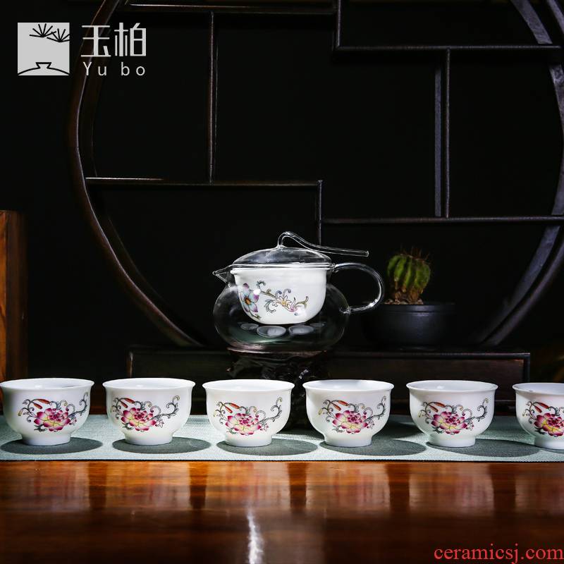 Jingdezhen ceramic tea sets tea cups white porcelain famille rose tea set kung fu tea is high temperature resistant glass) points