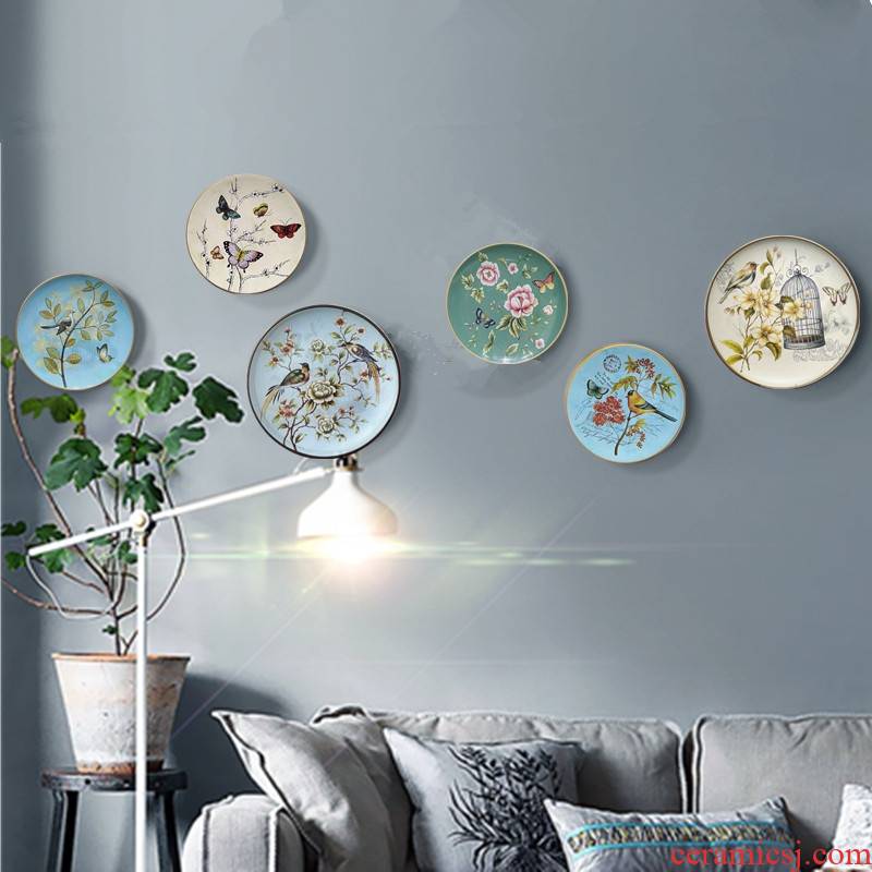 American retro ceramic plate European painting of flowers and creative metope adornment hang dish TV setting wall act the role of sofa