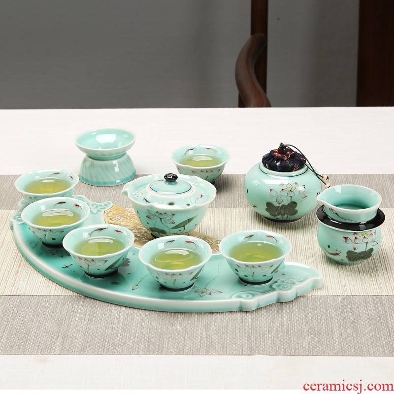 Tea set household contracted jingdezhen ceramic Tea tray was kung fu teacups hand - made lotus upscale gift set