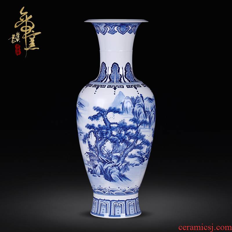 Jingdezhen blue and white landscape hand - made ceramics vase modern Chinese style living room TV cabinet decoration handicraft furnishing articles