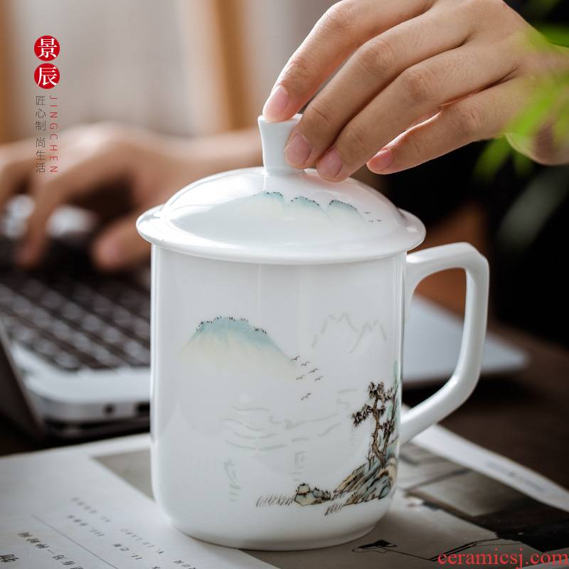 Hand made exquisite office cup of jingdezhen porcelain enamel household with cover glass ceramic cups large tea cups