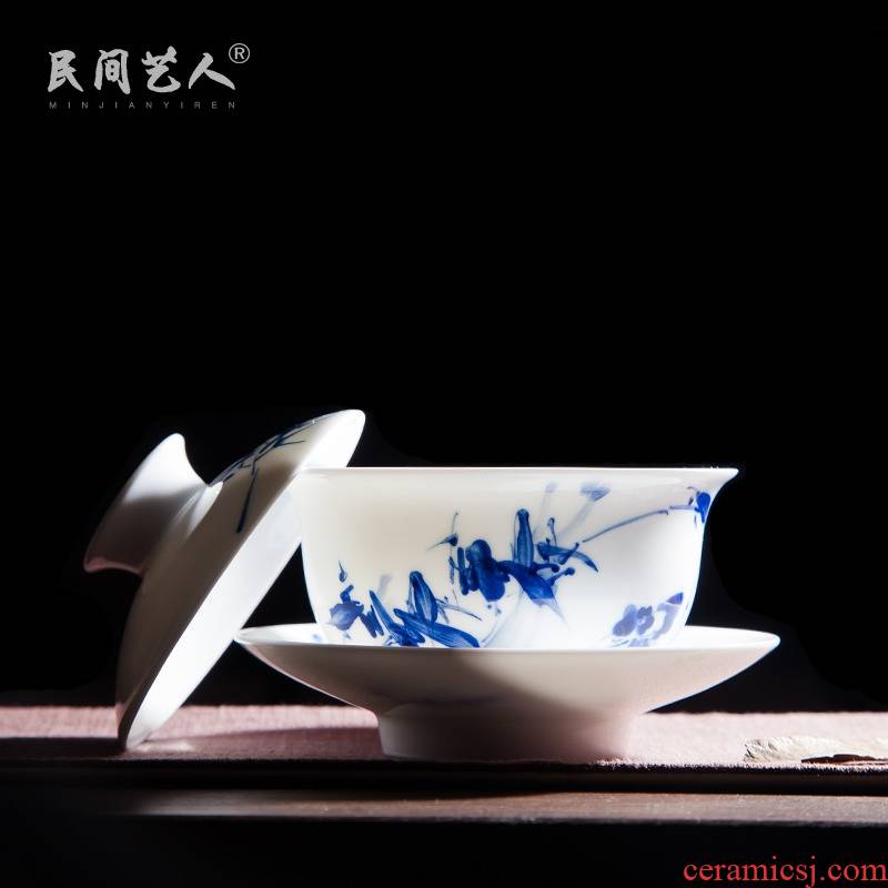 Jingdezhen kung fu tea set manual hand - made bamboo blue - and - white ceramics tureen tea set three packages mailed to bowl of tea bowl