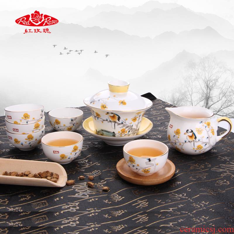 Tang Shanhong rose ipads 8 head porcelain painting of flowers and kung fu tea sets ceramic tea set gift pack