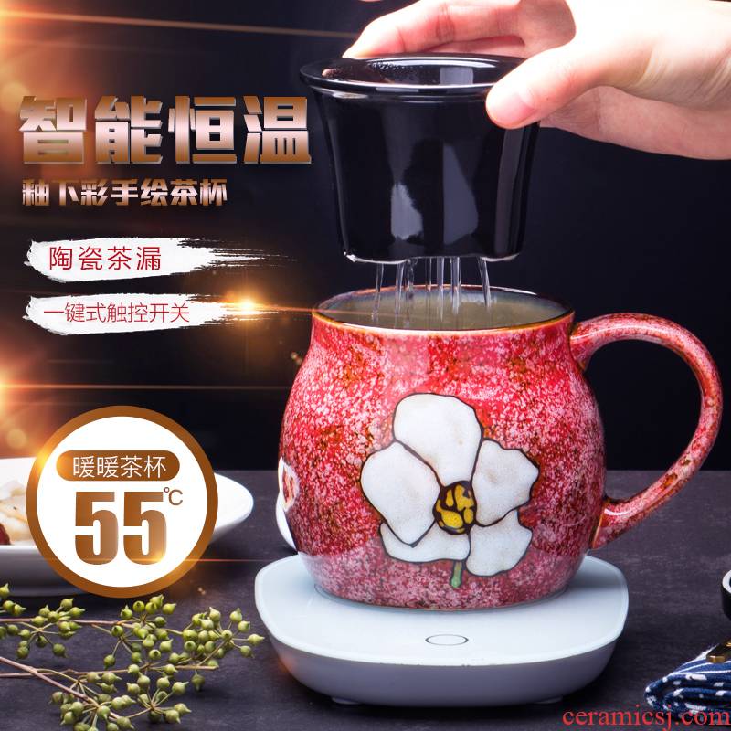 Creative Japanese 55 degrees warm temperature retro hand - made ceramic keller of tea cup with cover large capacity water glass