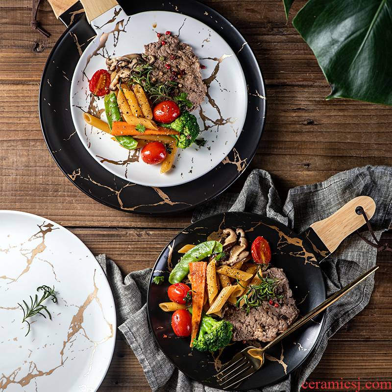 Nordic marble ceramic dish dish dish home wearing SaPan creative up phnom penh dish beefsteak dish with wooden handle cutlery