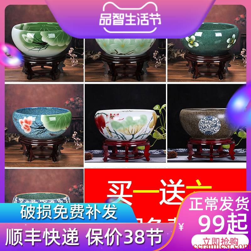 Jingdezhen ceramic aquarium small tortoise cylinder with thick circular home sitting room desktop goldfish bowl fish bowl
