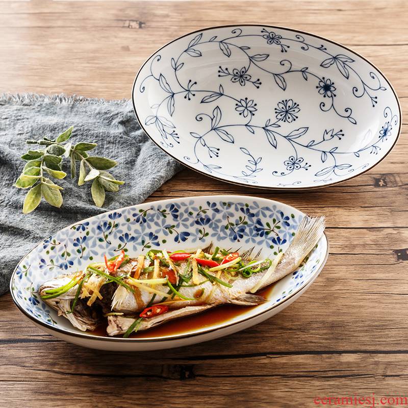 Small bluetooth Japanese household ceramic dish dish deep dish fish plate plate Japanese dishes steamed fish dish fish dish
