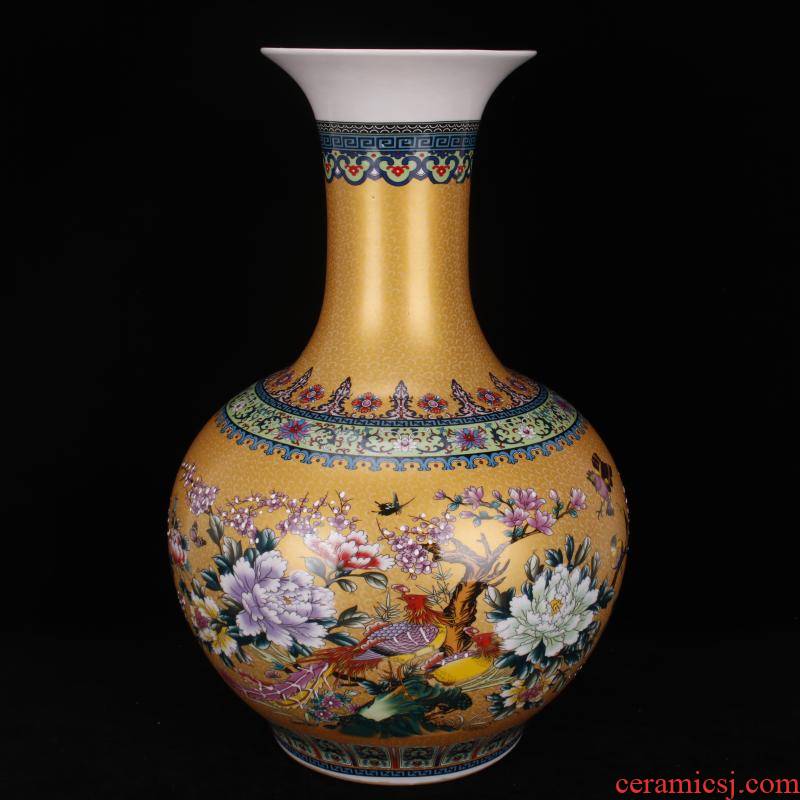 Jingdezhen imitation qianlong antique colored enamel in yellow flowers and birds landing is great reward bottles of Chinese classical Ming and the qing dynasty vase furnishing articles