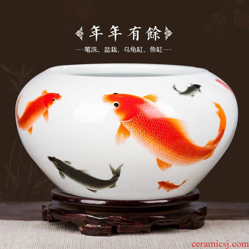 Jingdezhen ceramics fish tank water lily basin bowl lotus tortoise cylinder aquarium writing brush washer with fish decorations furnishing articles