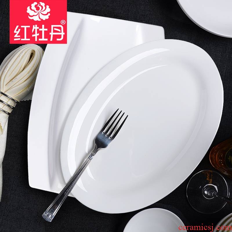 Pure white ipads porcelain tableware large red peony square plate round fish dish white household food dish 10 inches abnormity
