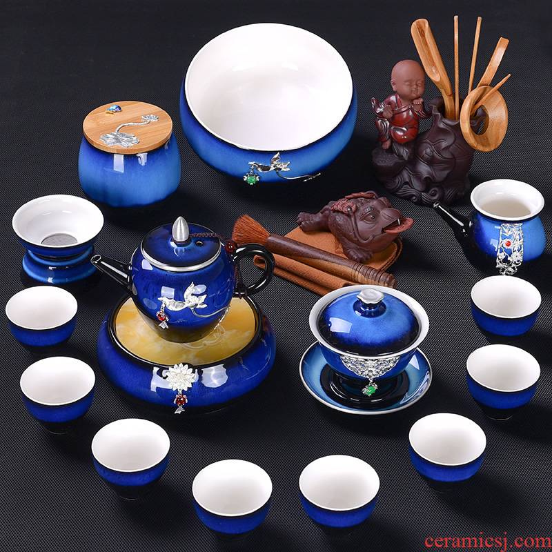 A good laugh with silver sapphire blue glaze kung fu tea set creative ji blue ceramic teapot tea tasted silver gilding decoration
