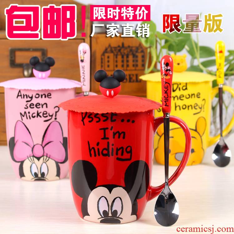 Disney mickey Minnie cylindrical cup need.but the pooh picking ceramic cup for cup gift milk coffee with a spoon