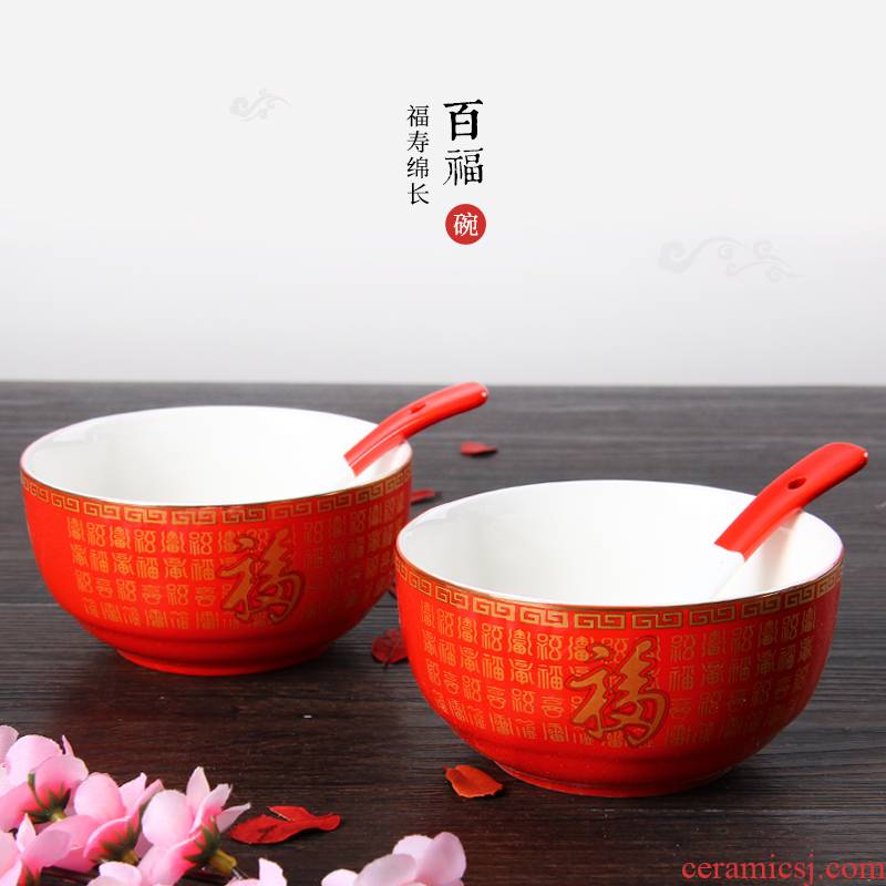 Hunan liling feels ashamed up buford bowl of Chinese red ceramic bowl festival birthday supplies household porcelain bowl with a spoon