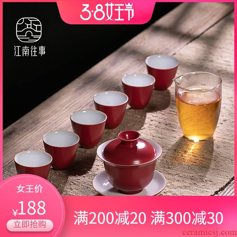 Jiangnan past kung fu tea set ji red tureen tea ceramic household contracted wedding gift set tea service