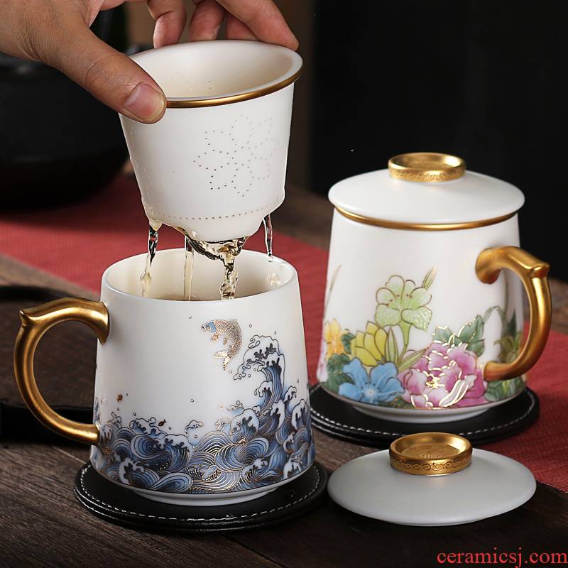 Key-2 Luxury boss anti hot water cup dehua white porcelain working meeting of kung fu ceramic cups with cover filter individual cup