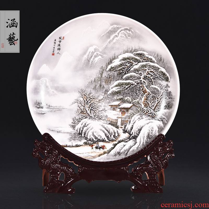 Jingdezhen ceramics in snow night landscape decoration hanging dish sat dish home porch handicraft furnishing articles