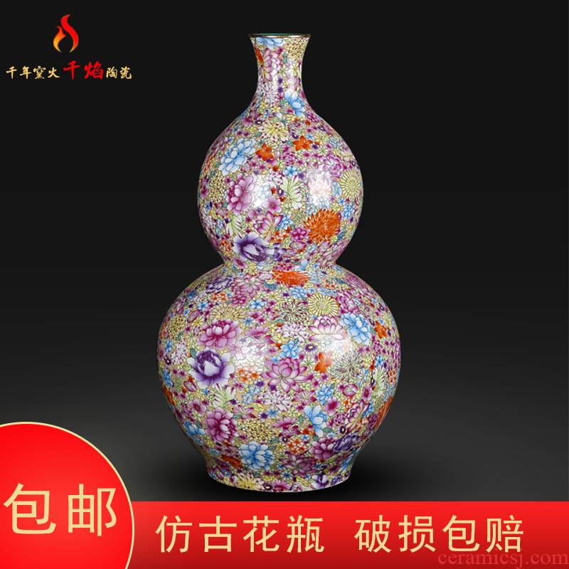 Jingdezhen ceramic antique qianlong pastel flower vases, Chinese style living room decorations rich ancient frame furnishing articles gourd bottle