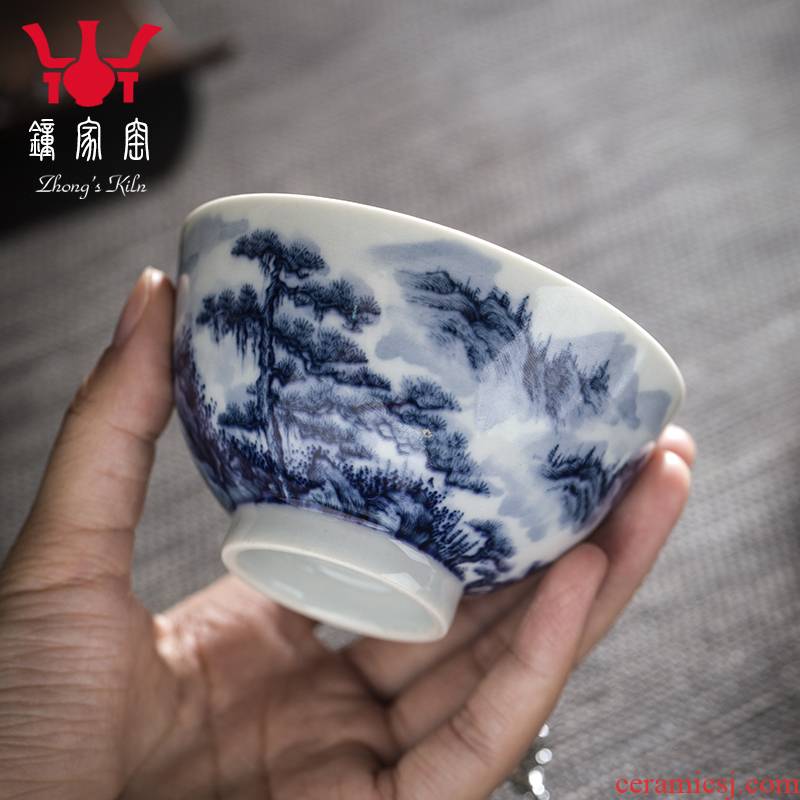 Clock home up kunfu tea cup of pure hand - made maintain jingdezhen blue and white landscape master cup sample tea cup tea by hand