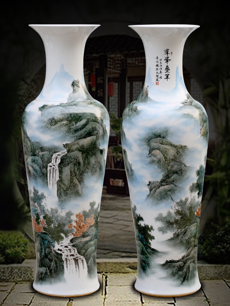 Jingdezhen ceramics antique hand - made landscape painting home sitting room hotel adornment furnishing articles of large vase