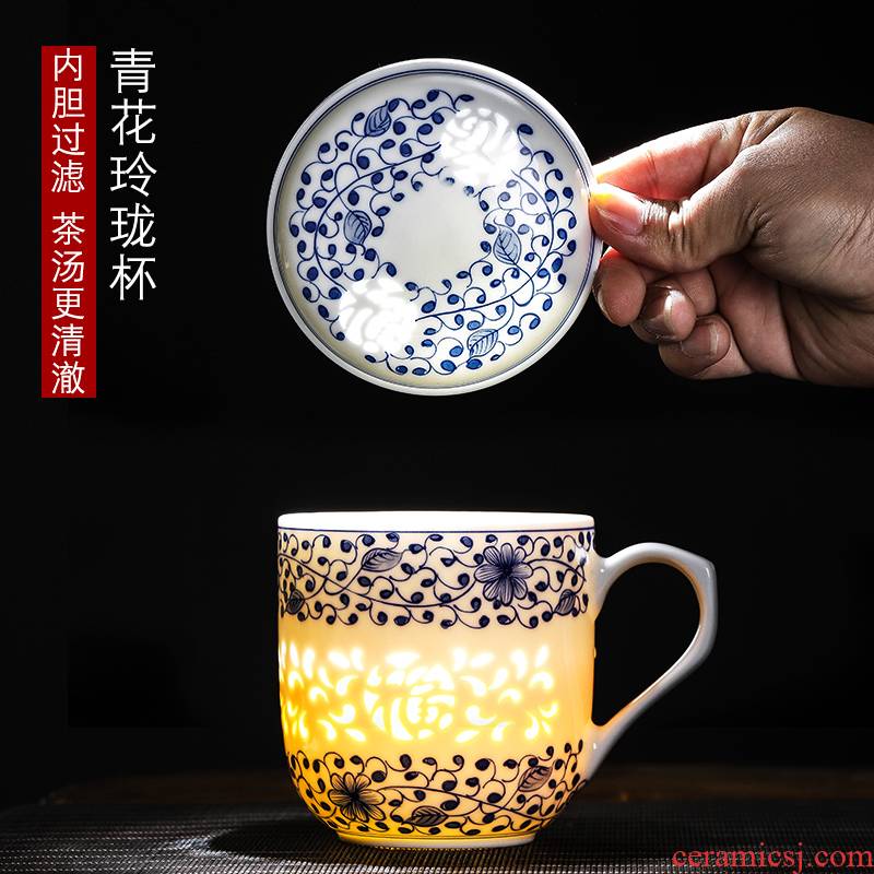 Jingdezhen porcelain hand - made cup pure manual office large capacity filter cover cup tea cup linglong cup under the glaze