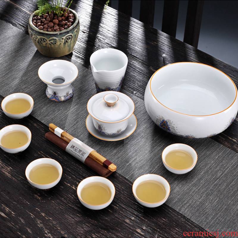 TaoMingTang jade porcelain paint white porcelain suits for home only three tureen court cups golden colored enamel kung fu tea set
