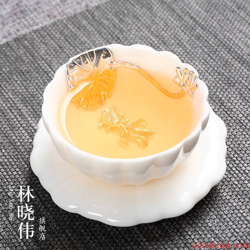 Dehua white porcelain inlay silver ceramic cups kung fu tea set silver sample tea cup master cup built single lamp cup tea bowl