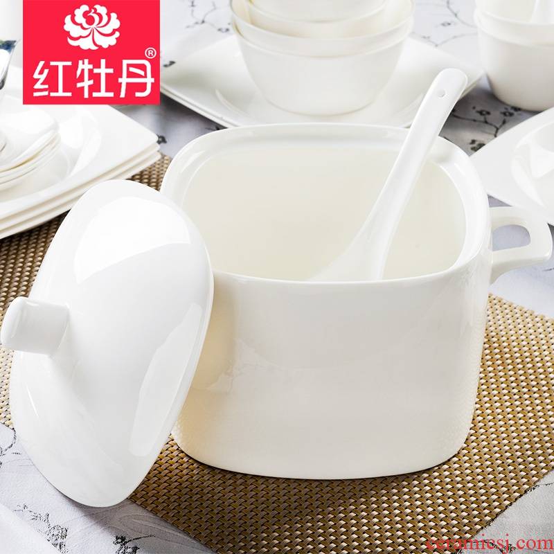 Red peony ipads porcelain tableware suit pure white pot soup household microwave Fang Guo round white soup kitchen