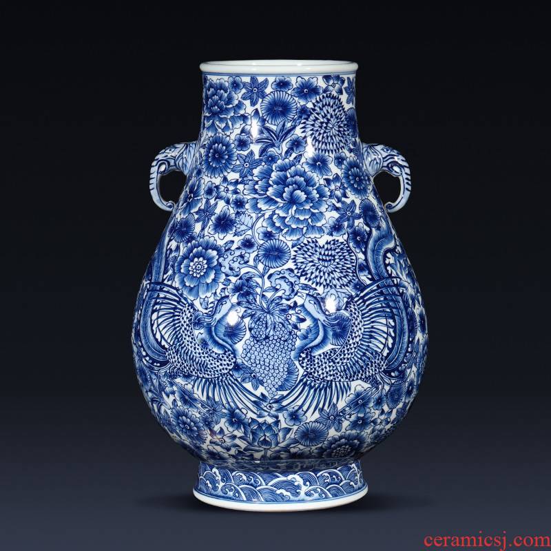 Jingdezhen ceramics imitation qianlong hand - made ears phoenix of blue and white porcelain vase flower implement new Chinese style living room furnishing articles