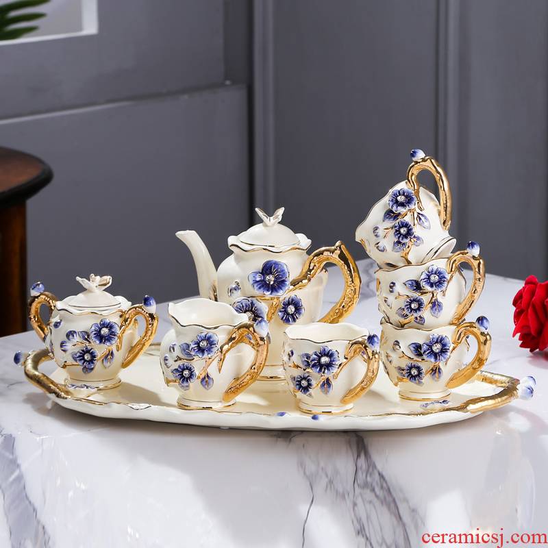 Fort SAN road new royal blue name plum flower series European ceramic tea set suit sitting room place, a wedding present for girlfriends