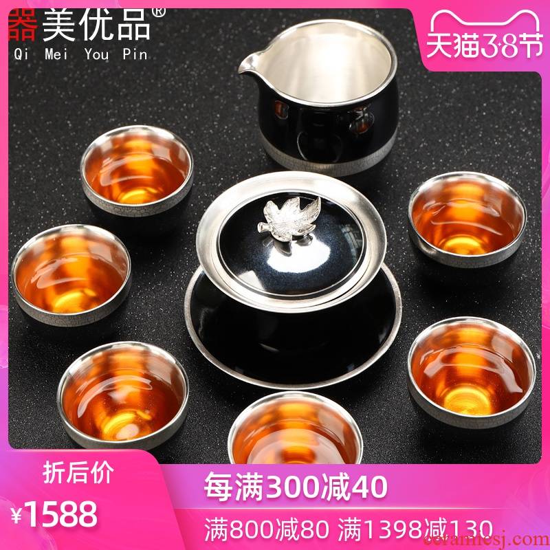 Beauty apparatus has excellent tea tasted silver gilding single cup sample tea cup hand with silver cups fission suit, black jade porcelain tea set