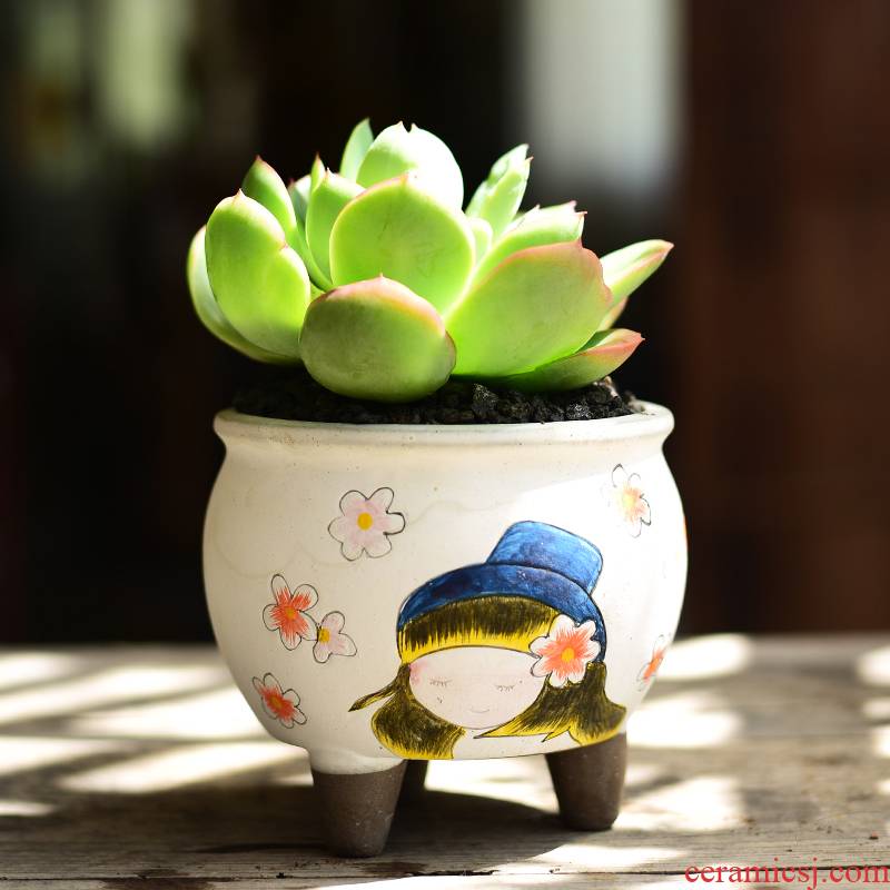 Korean lovely hand - made meaty plant high coarse pottery flowerpot ceramics creative move -raise fleshy flowerpot trumpet