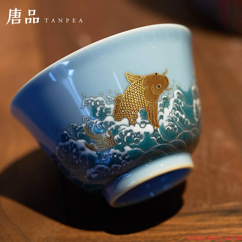Kung fu tea cups azure glaze see colour powder enamel cup carp leap master water lines of jingdezhen large single CPU