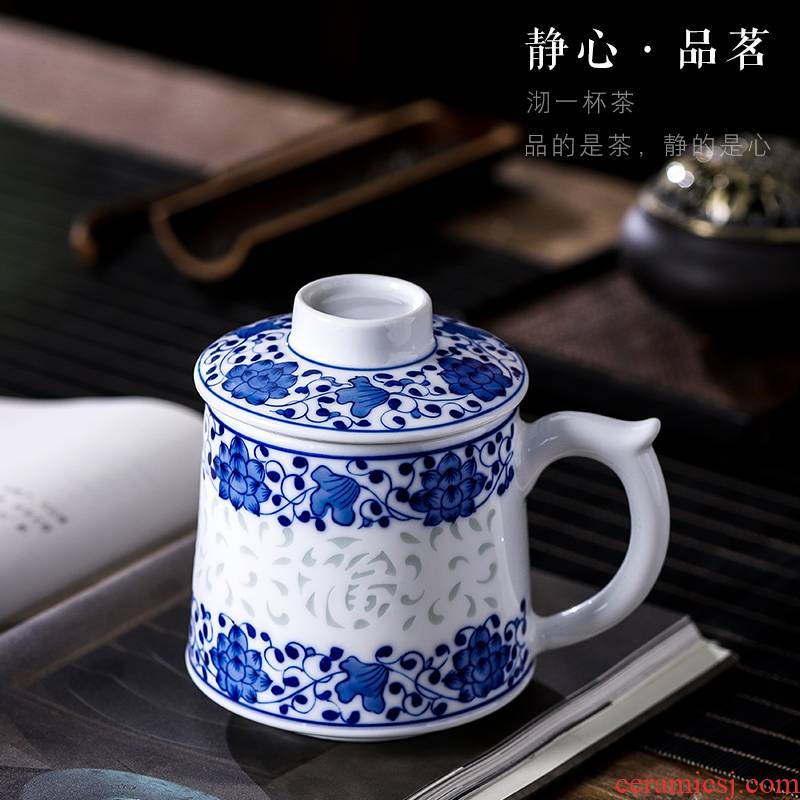 Blue and white and exquisite carving glass ceramic checking with big filter tank capacity of household ceramics and cups with cover