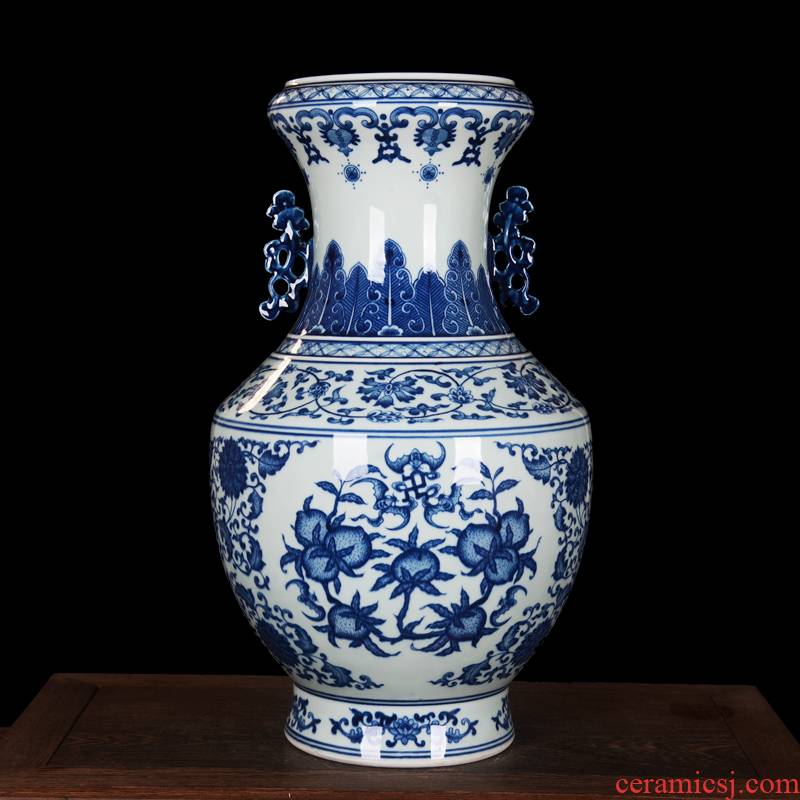Jingdezhen blue and white peach ears high - end antique hand - made ceramics vase household adornment process sitting room furnishing articles