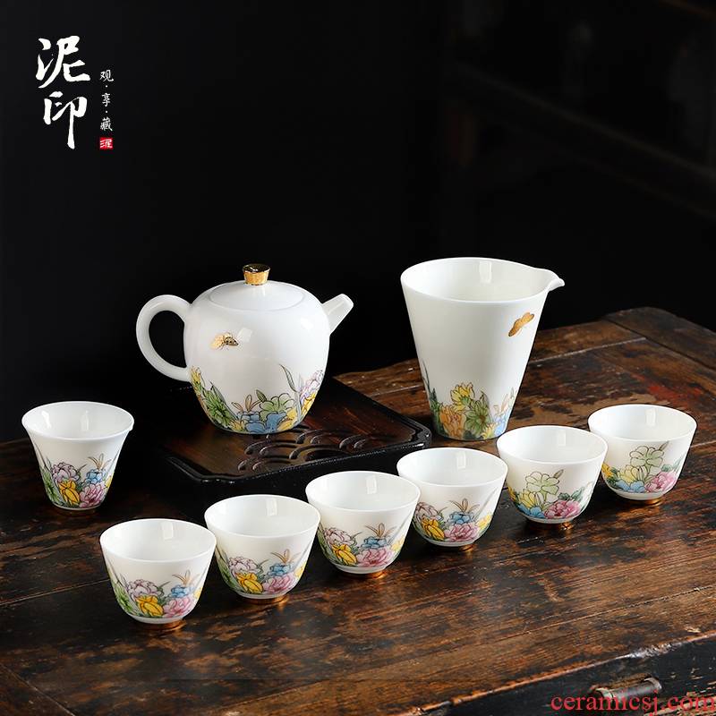 Mud printed language welcome tea set household contracted dehua white porcelain tea set hand - made kung fu tea cups