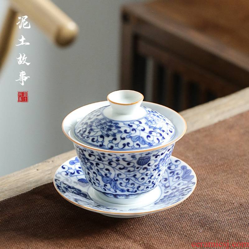 Earth story jingdezhen blue and white only three tureen hand - made ceramic cups all hand kung fu tea tea bowl
