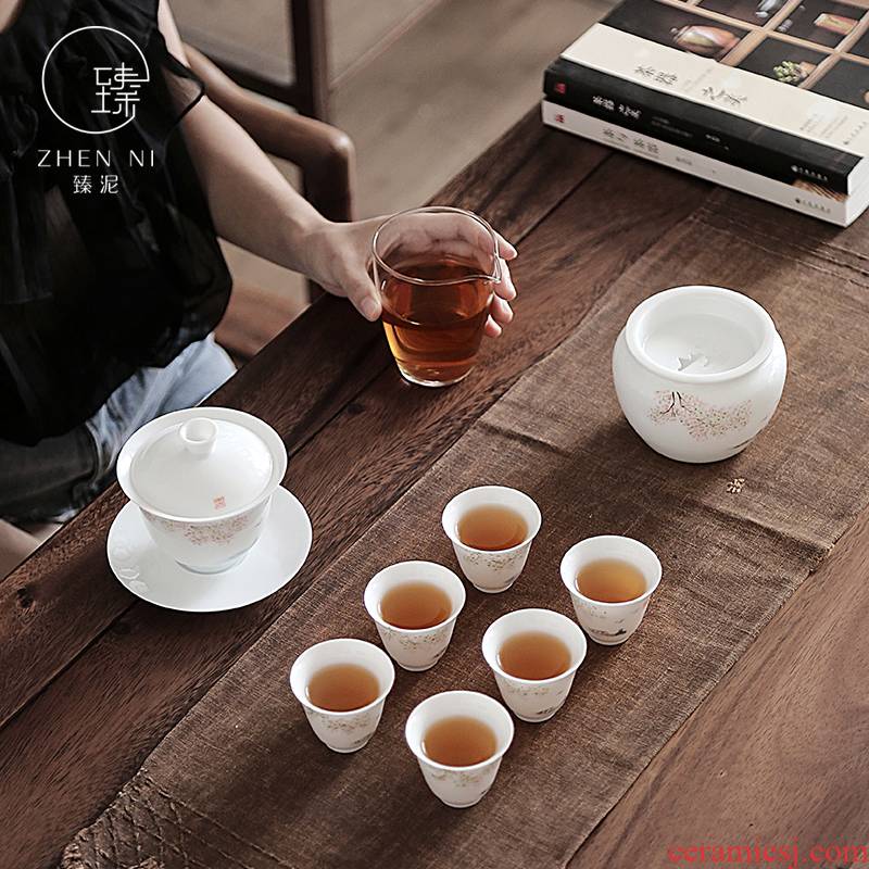 By pure hand - made mud kung fu tea set jingdezhen thin foetus white porcelain tureen household whole set of tea cups