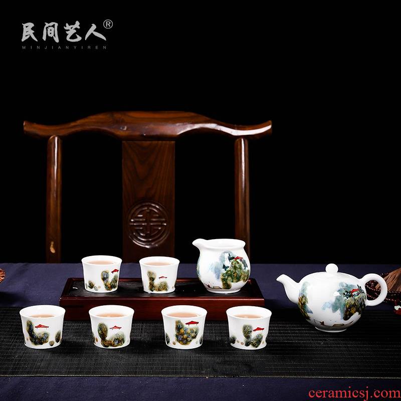 The Set of jingdezhen tea Set kung fu tea Set hand - made pure checking porcelain teapot master fair keller cup