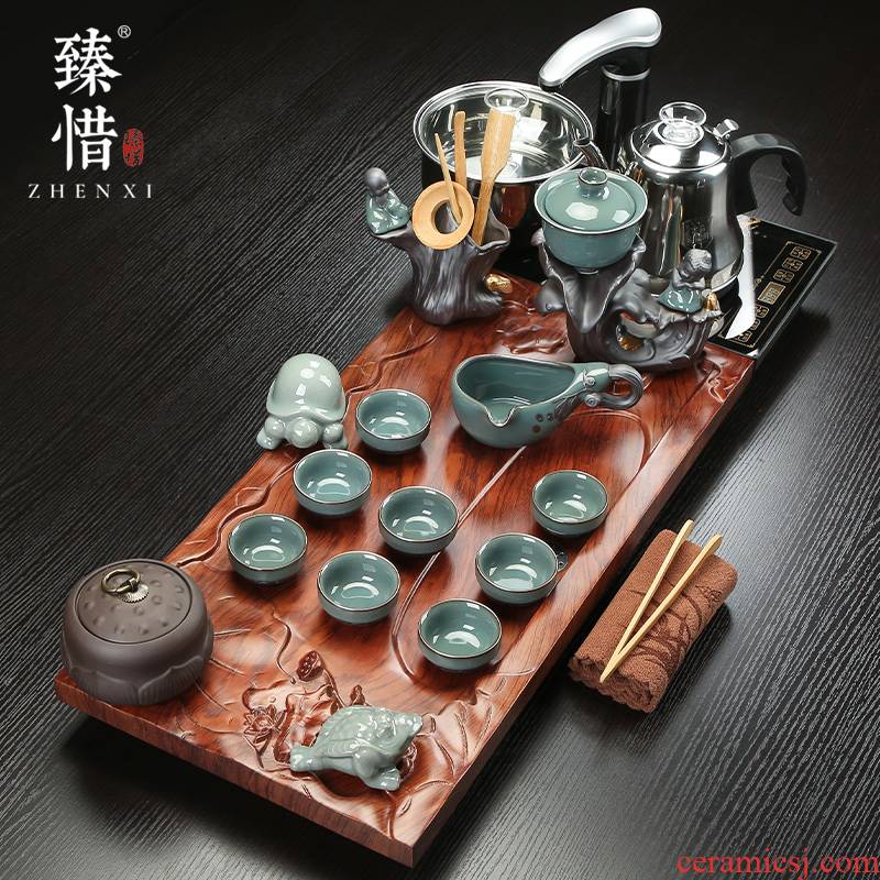 By understanding the modern Dutch rhyme solid wood tea tray household kung fu tea set contracted ceramic cups size dry tea table